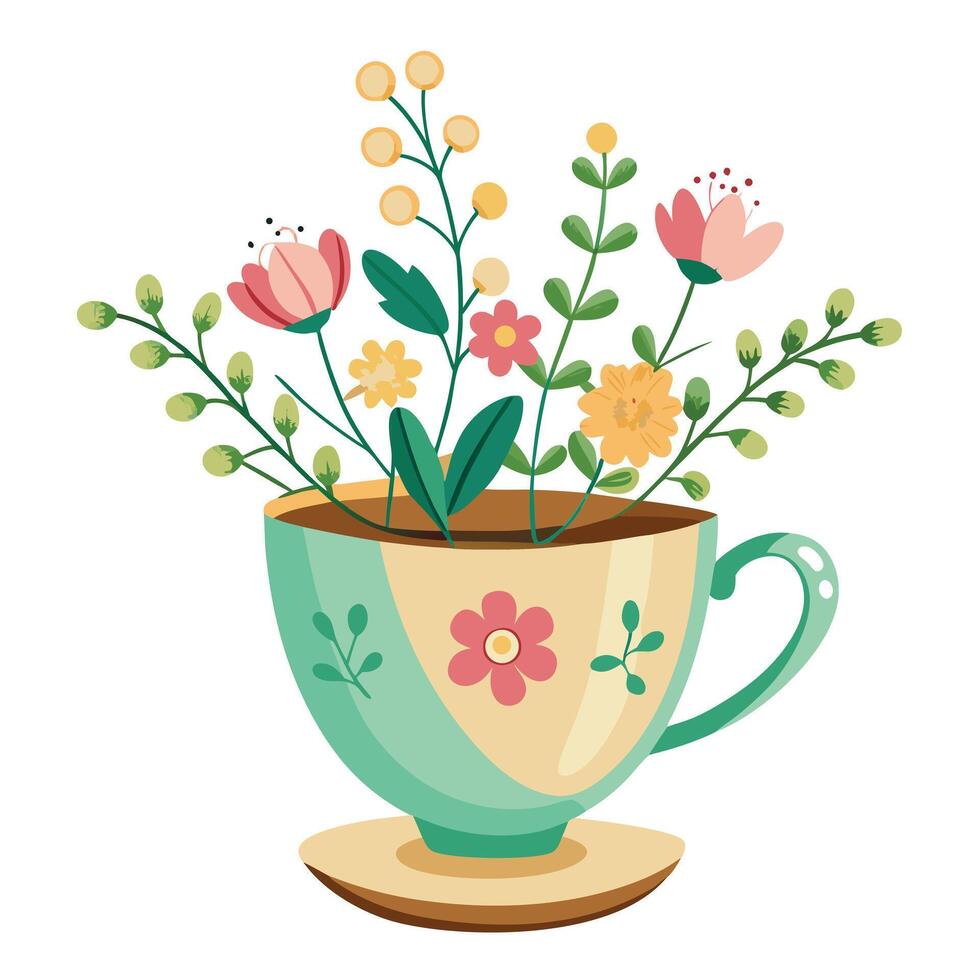 Unique Tea Cup Planter Showcasing Tiny Flowers Blooming Inside vector