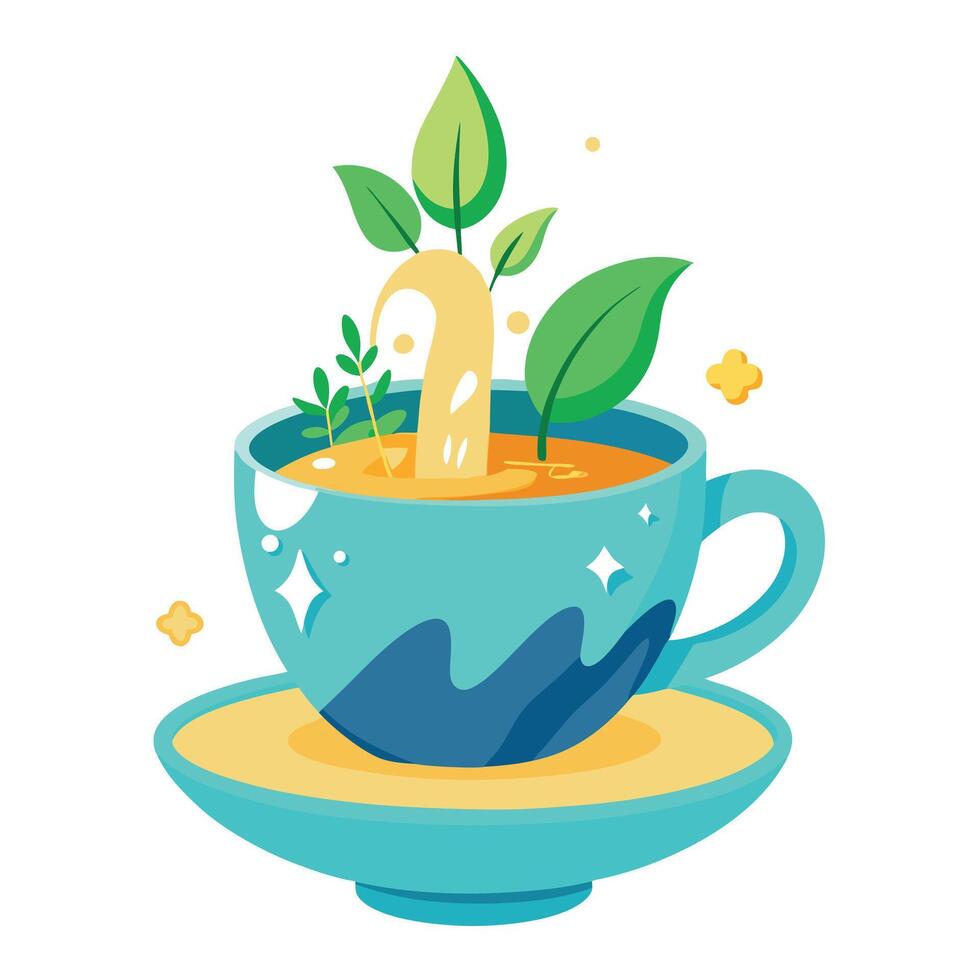 Teacup Planter With A Tiny Waterfall Flowing From The Cup vector