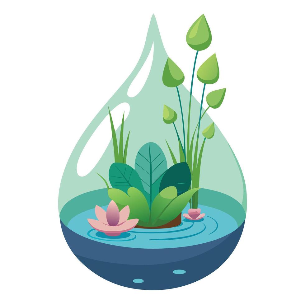 Creative Teardrop Shaped Planter With Water And Floating Plants Design vector