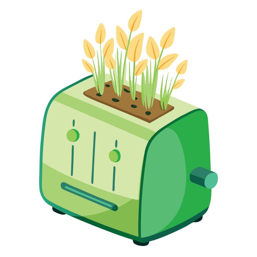 Unique Toaster Planter Showcasing Sprouting Wheatgrass Instead Of Toast vector