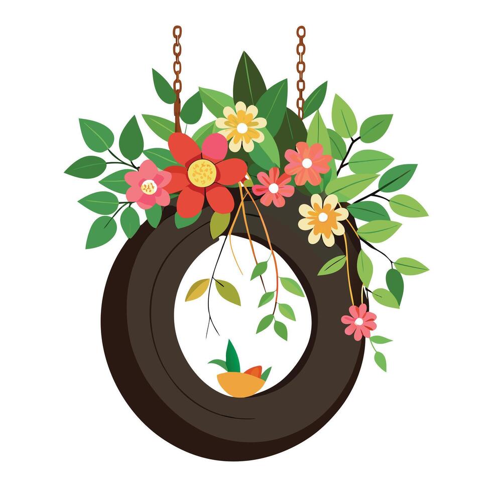 Unique Tire Swing Planter Showcasing A Tree Branch vector