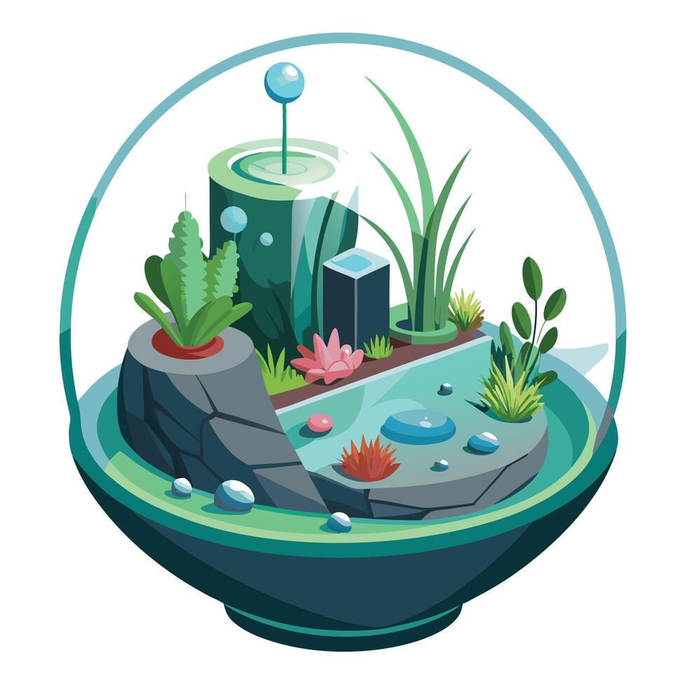 Charming Transparent Bubble Planter Featuring An Ecosystem Inside vector