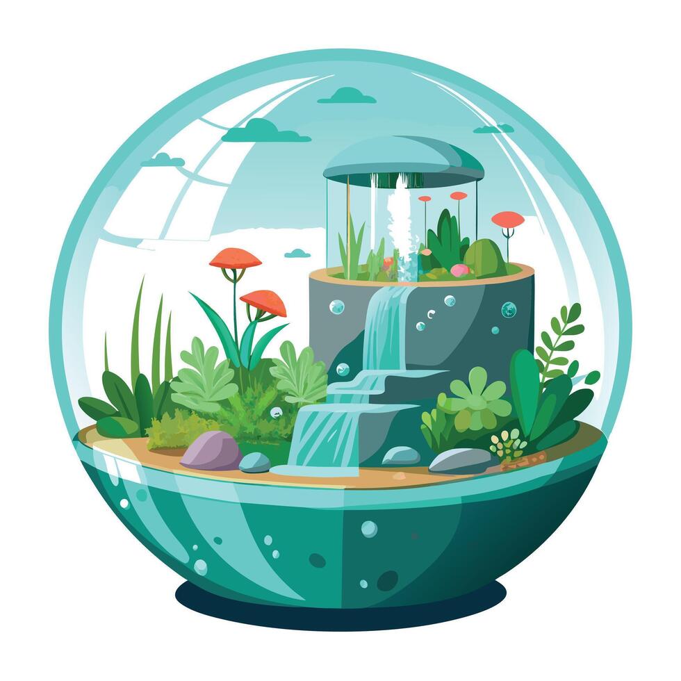 Transparent Bubble Planter With An Ecosystem Inside vector