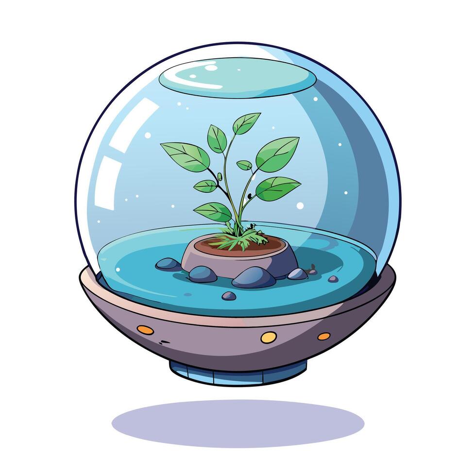 Charming Transparent Floating Orb Planter Featuring A Self Sustaining Ecosystem vector