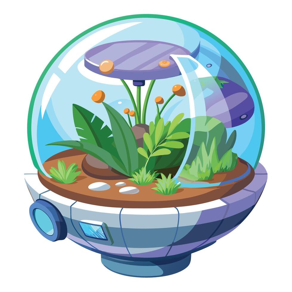 Transparent Floating Orb Planter With A Self Sustaining Ecosystem vector