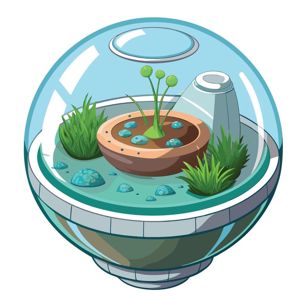 Unique Transparent Floating Orb Planter Showcasing A Self Sustaining Ecosystem vector