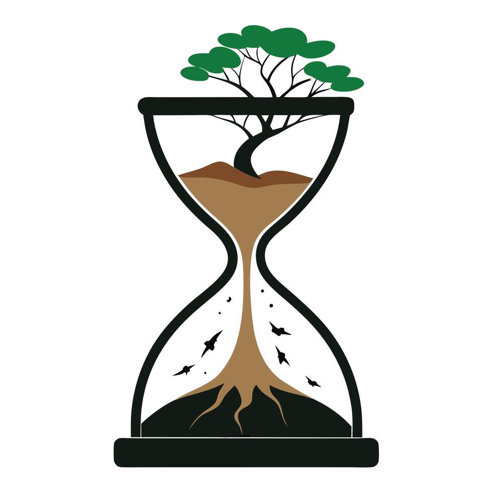 Unique Tree Growing Out Of A Cracked Hourglass Showcasing Sand vector
