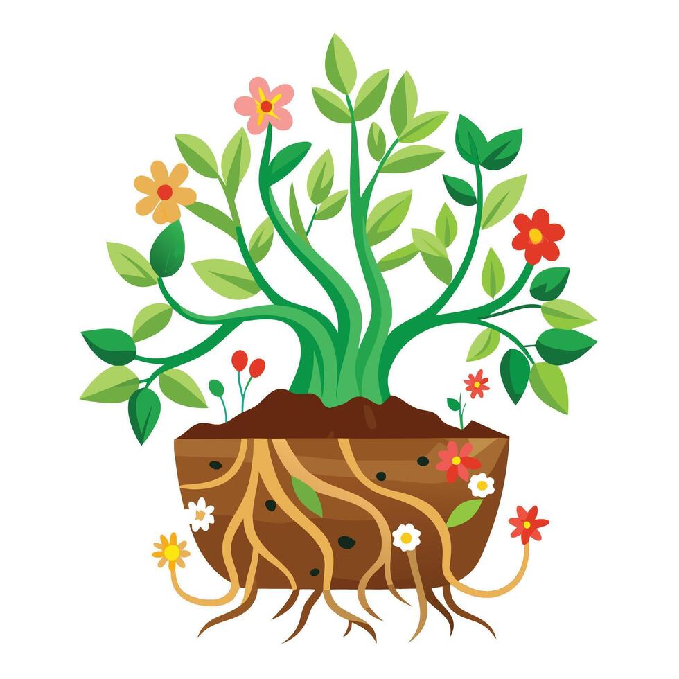 Creative Tree Root Planter With Flowers Growing From The Roots Design vector