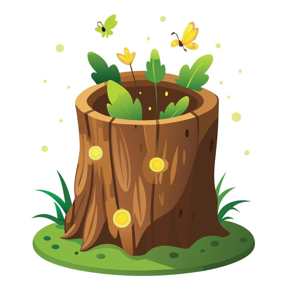 Charming Tree Trunk Planter Featuring Tiny Fireflies Flying Around vector