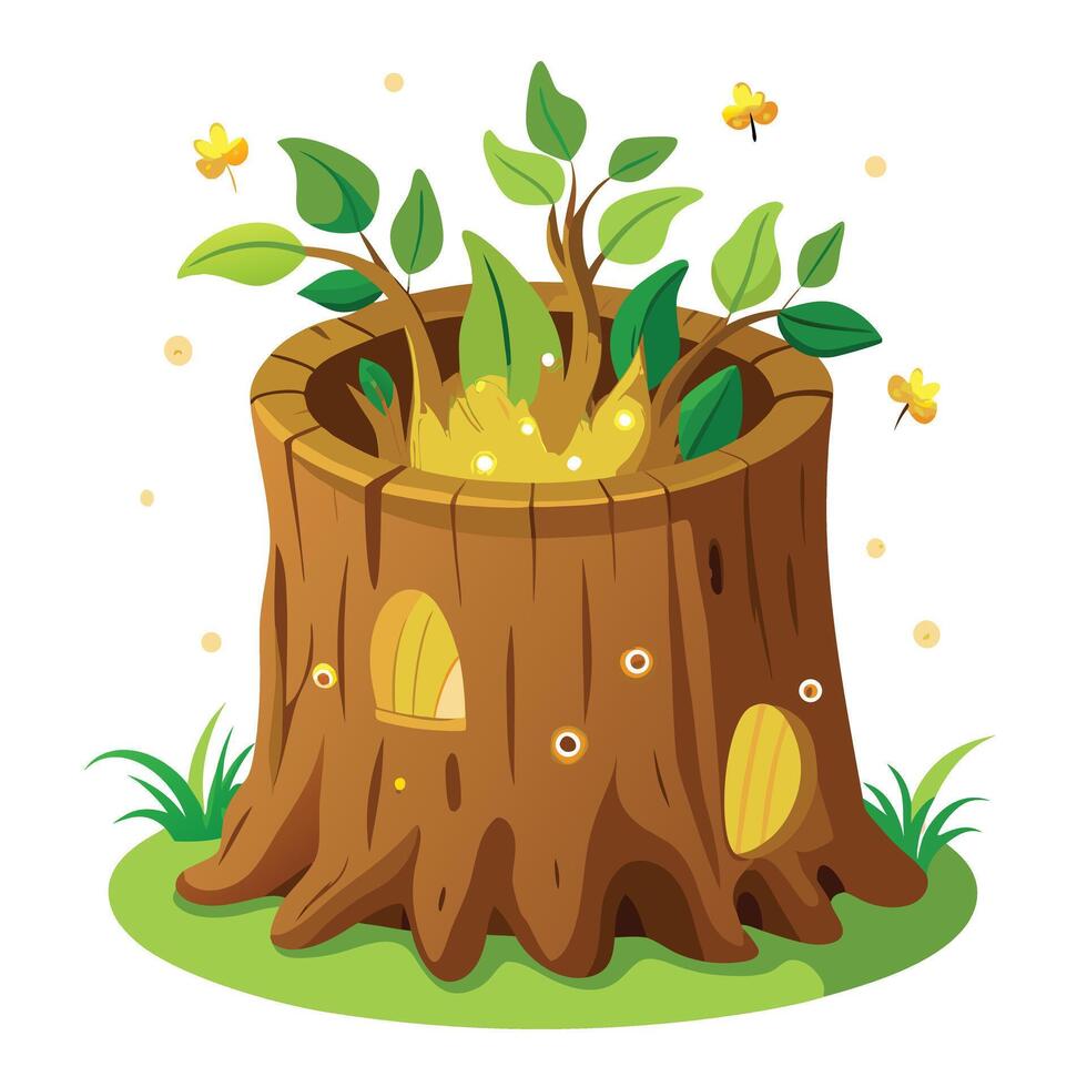 Tree Trunk Planter With Tiny Fireflies Flying Around vector