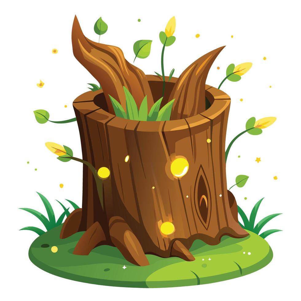 Creative Tree Trunk Planter With Tiny Fireflies Flying Around Design vector