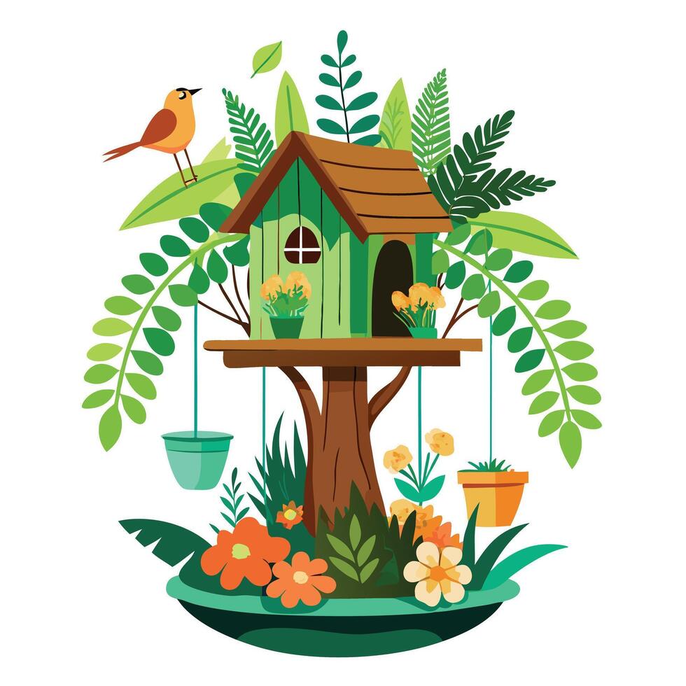 Charming Treehouse Birdfeeder Planter Featuring Hanging Ferns vector