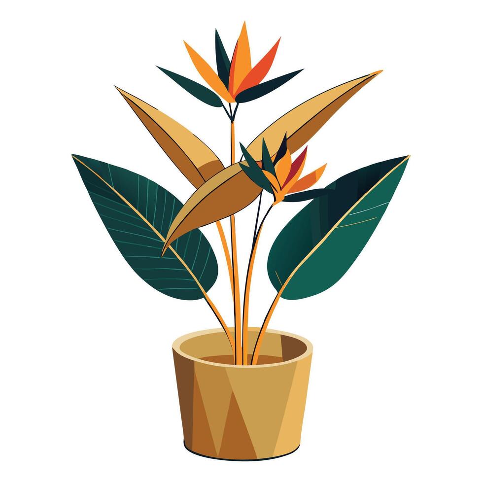 Charming Tropical Bird Of Paradise Featuring A Sleek Gold Planter vector
