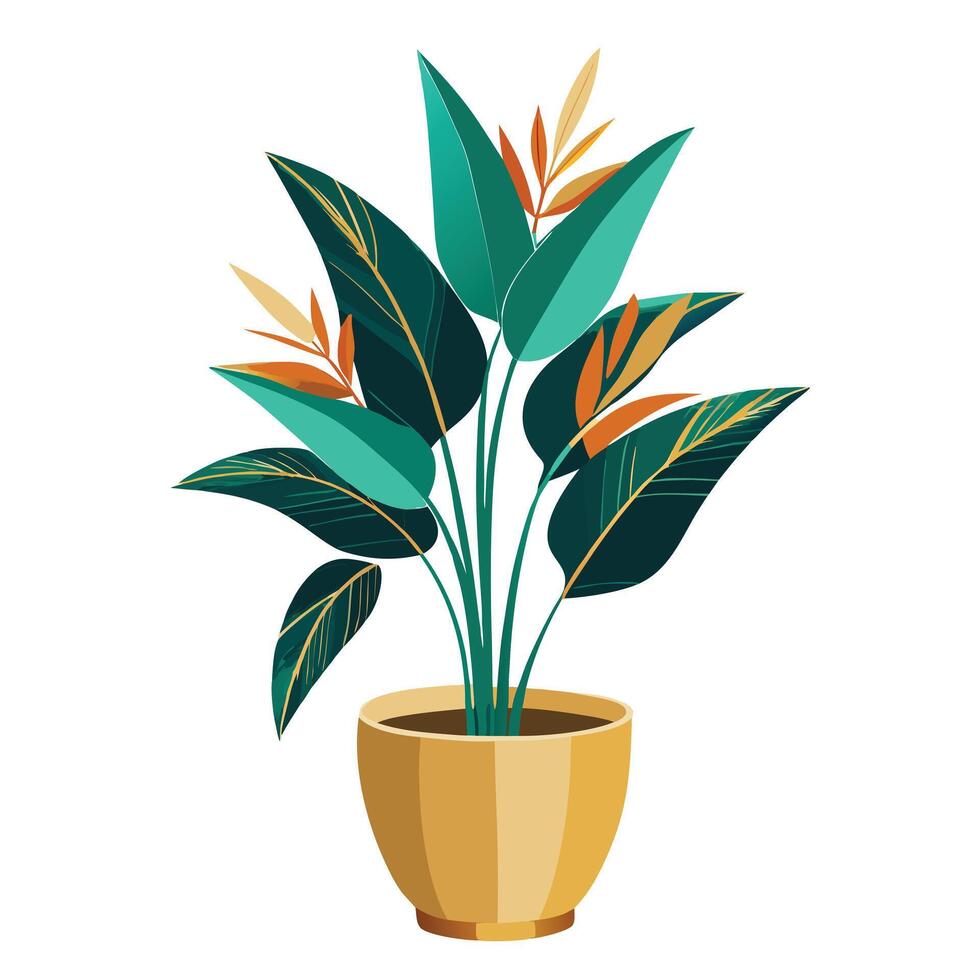 Creative Tropical Bird Of Paradise In A Sleek Gold Planter Design vector