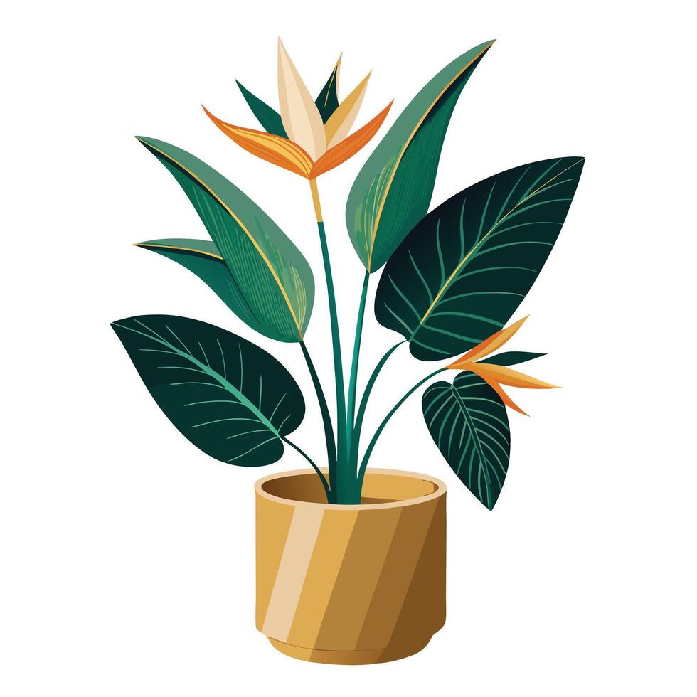 Unique Tropical Bird Of Paradise Showcasing A Sleek Gold Planter vector