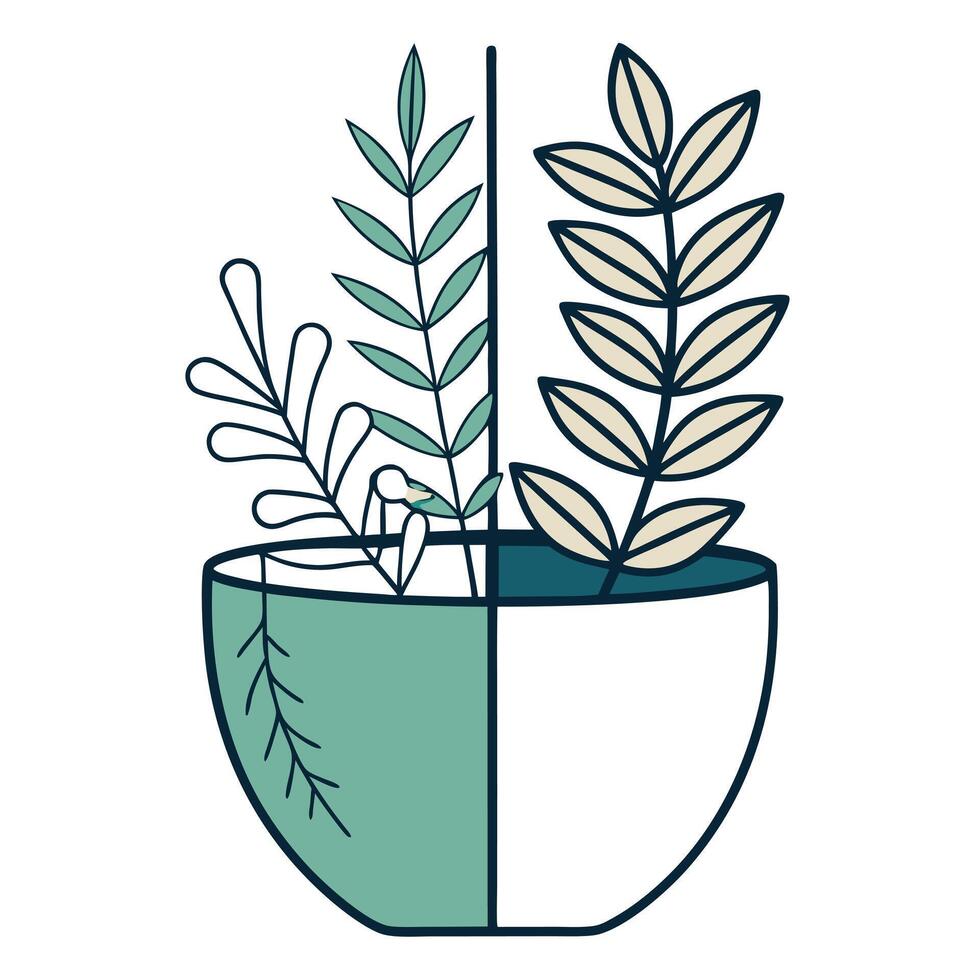 Two Tone Split Planter With Half Real Half Line Art Design vector