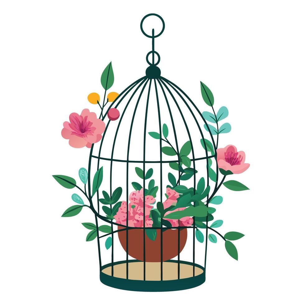Charming Vintage Birdcage Planter Featuring Hanging Flowers vector