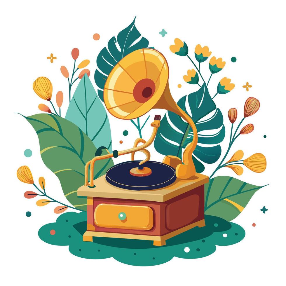 Creative Vintage Record Player Planter With Vines Around The Record Design vector