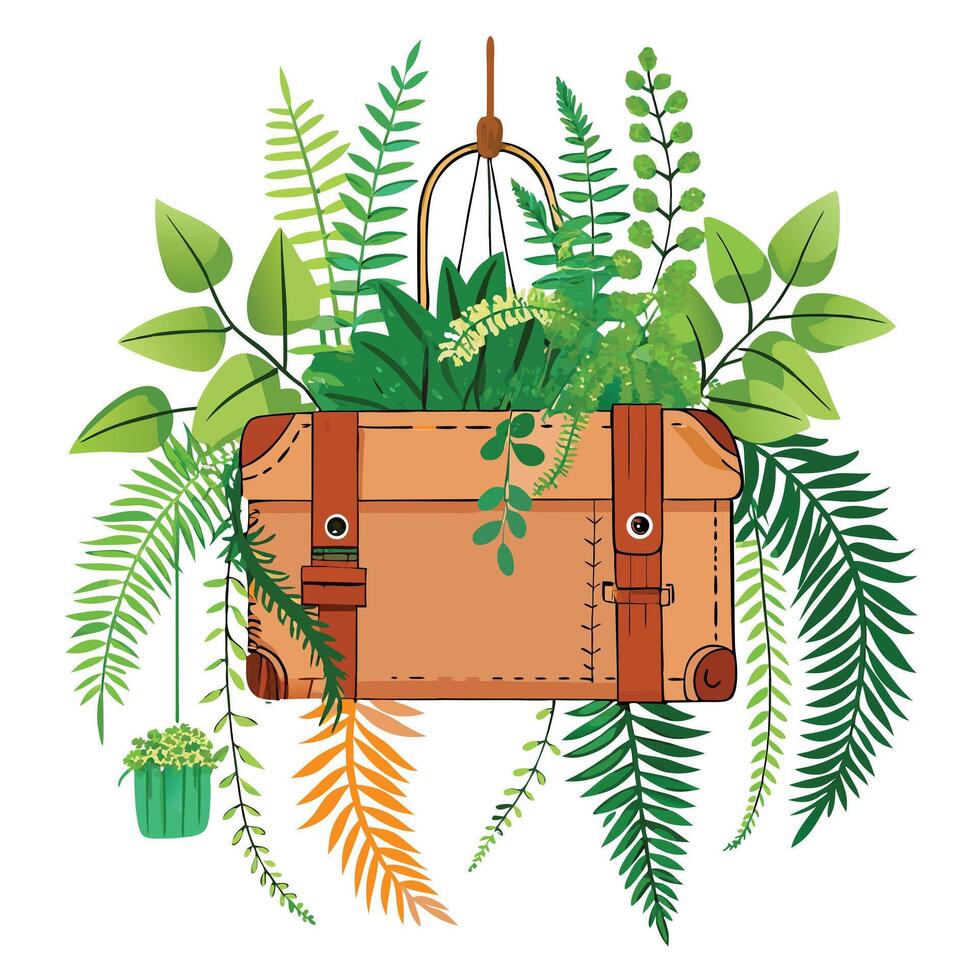 Creative Vintage Suitcase Planter With Ferns And Hanging Ivy Design vector