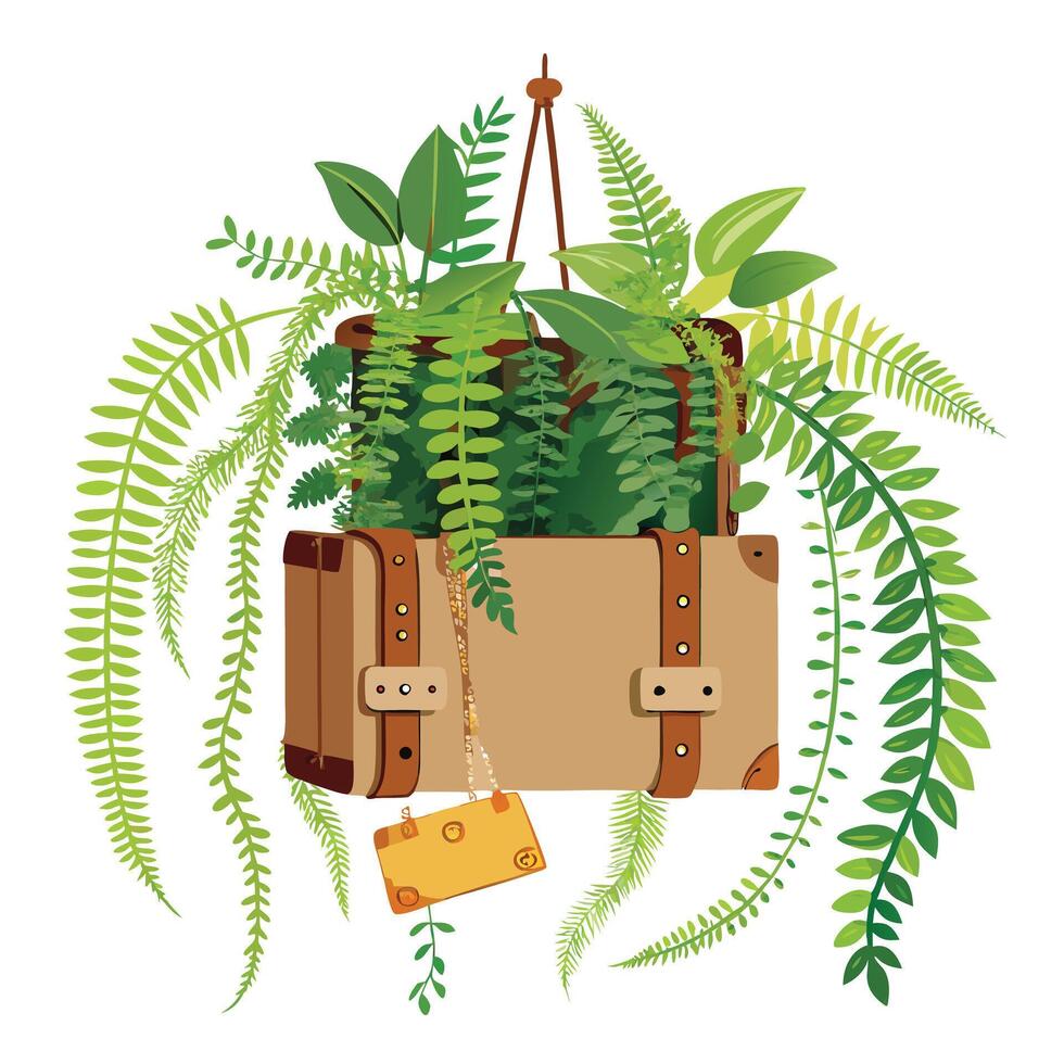 Charming Vintage Suitcase Planter Featuring Ferns And Hanging Ivy vector