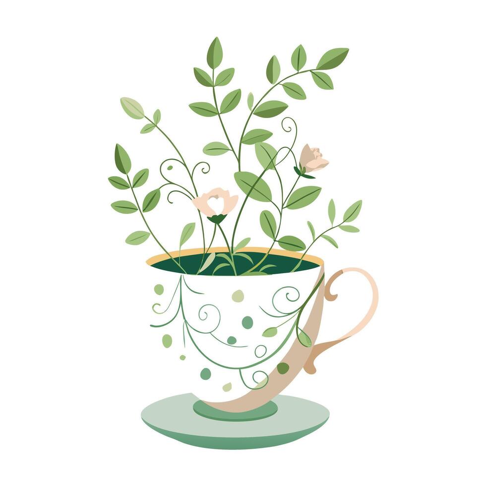 Vintage Teacup Planter With Delicate Vines vector