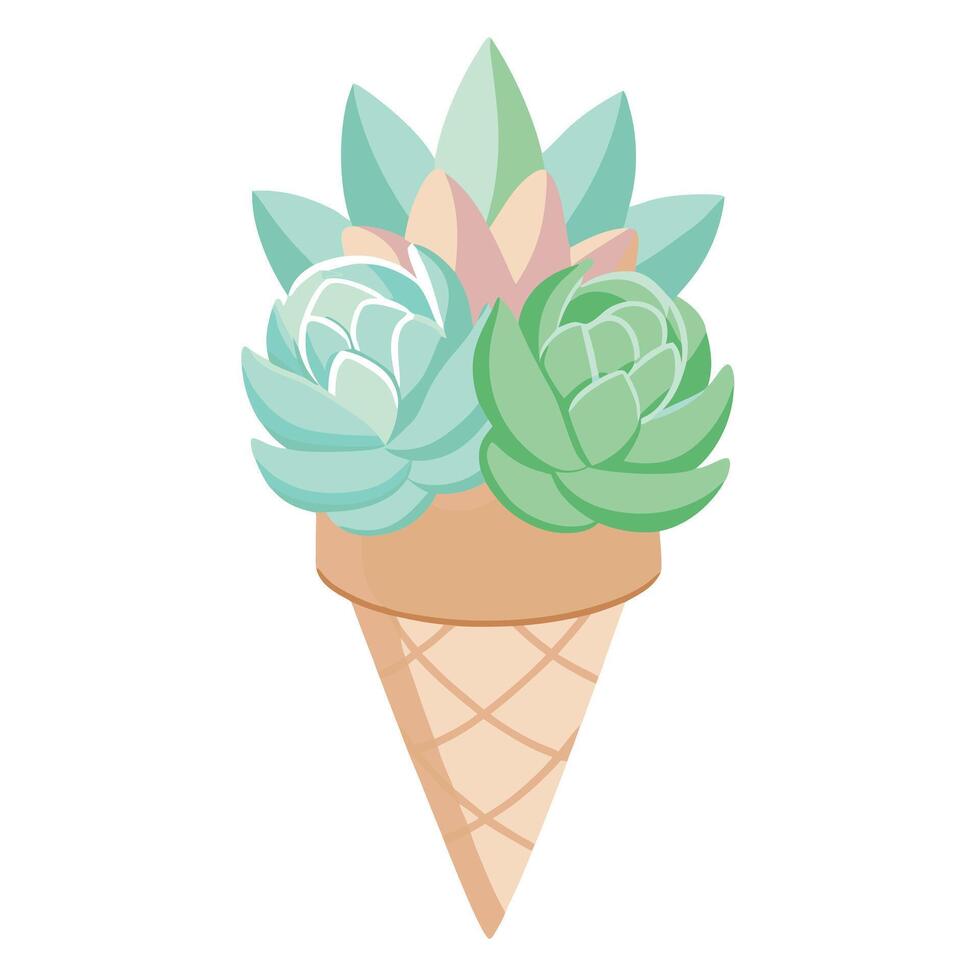 Charming Waffle Cone Planter Featuring Ice Cream Like Succulents vector