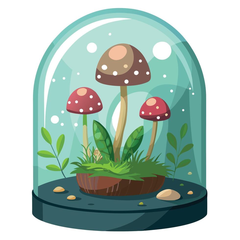Unique Whimsical Mushroom Terrarium Showcasing A Glass Dome vector