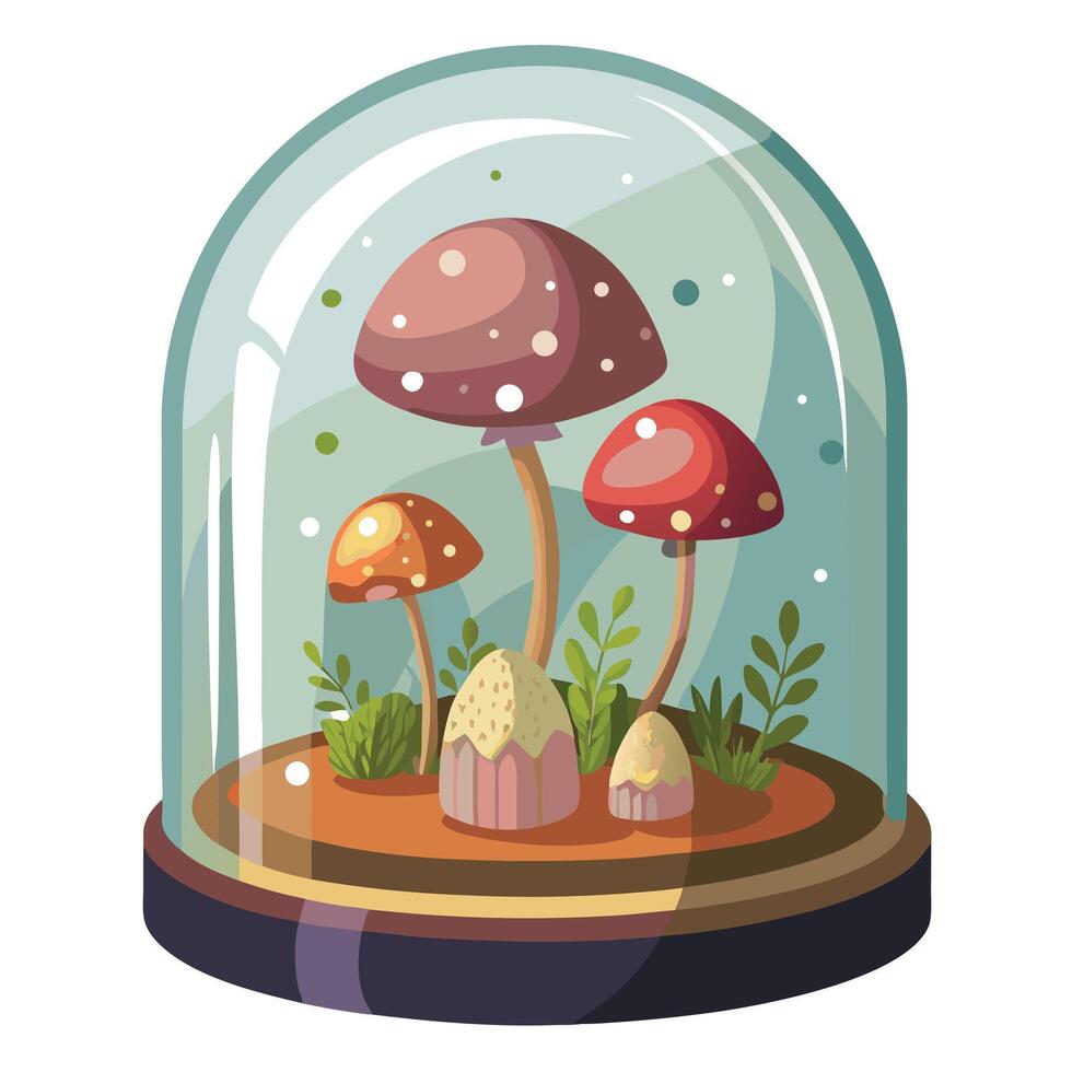 Charming Whimsical Mushroom Terrarium Featuring A Glass Dome vector