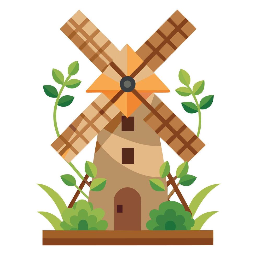 Charming Windmill Planter Featuring Greenery On Each Blade vector