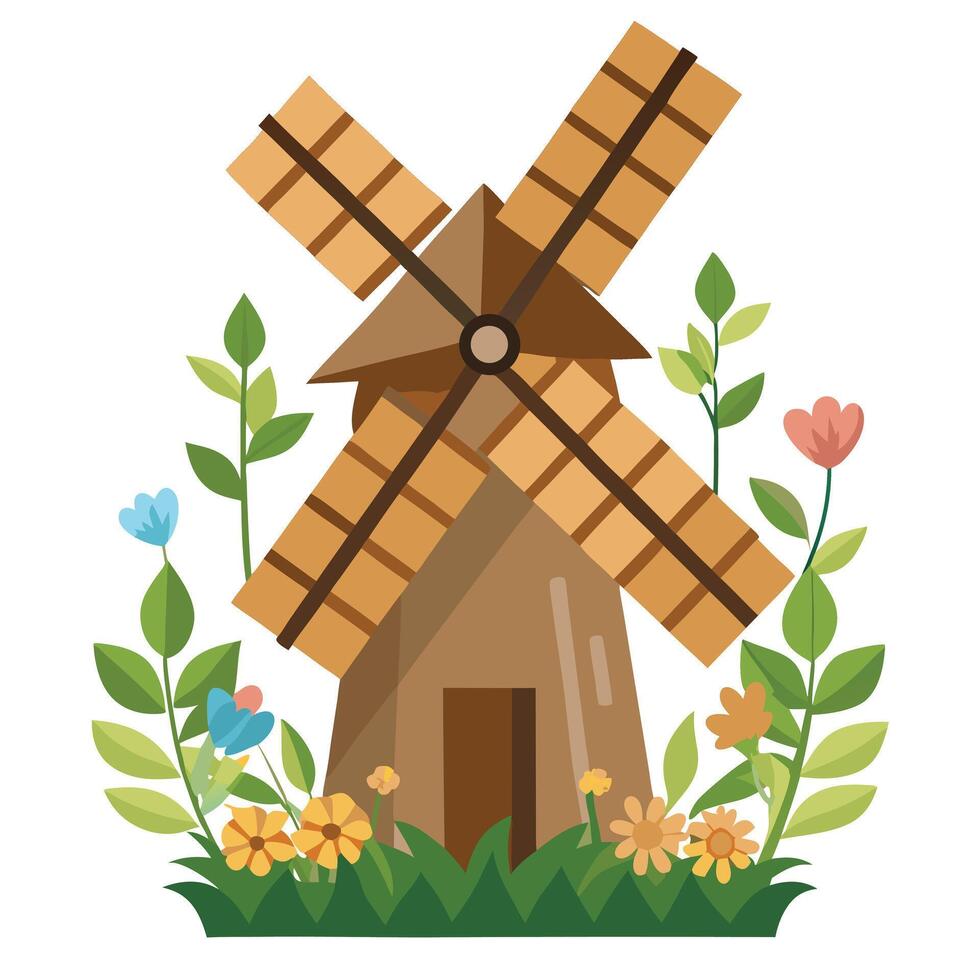 Windmill Planter With Greenery On Each Blade vector