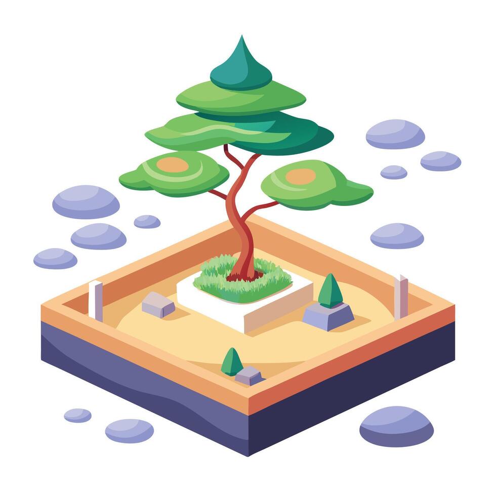 Unique Zen Sand Garden Showcasing Miniature Bonsai And Rocks vector