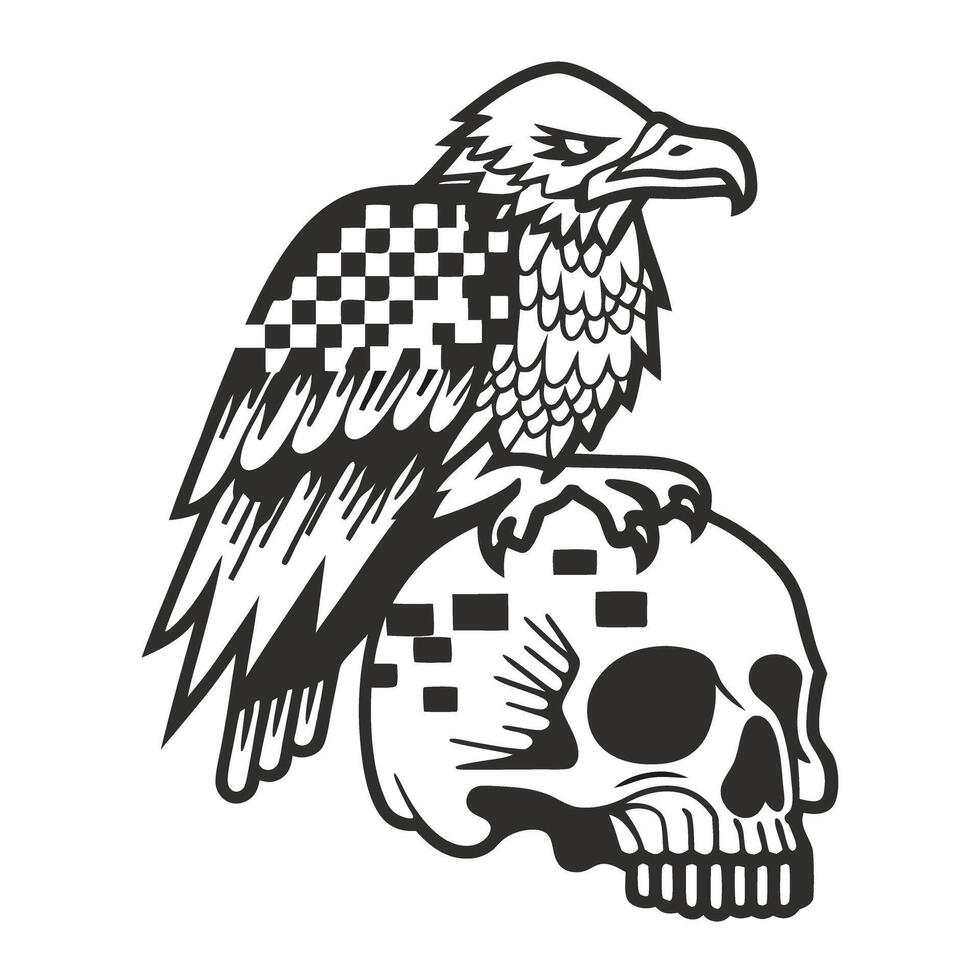 Eagle perched on pixelated skull digital art metaphor on life and mortality modern graphic design vector