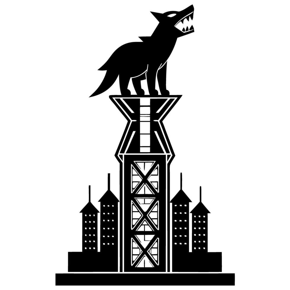 Silhouette of a howling wolf atop a skyscraper with urban cityscape vector