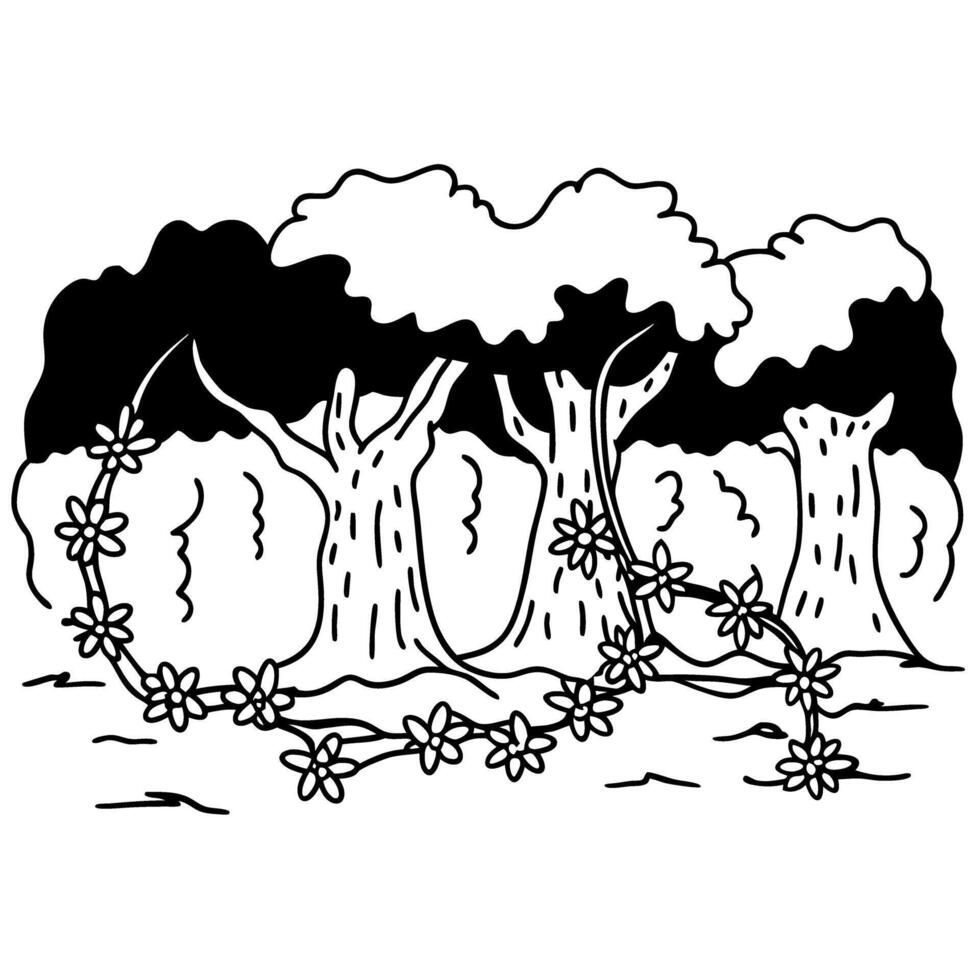 Enchanted forest illustration with floral vine garland in black and white vector