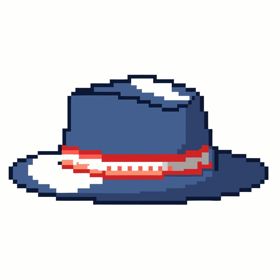 Retro Pixel Art Blue Fedora Hat with Red Band on White Background vector