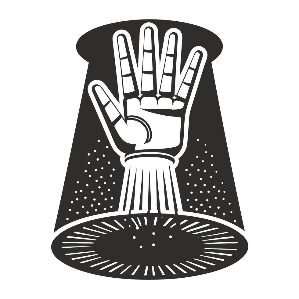 Hand in spotlight with cosmic backdrop mystical symbol, palmistry, astrology, fortune telling concept vector