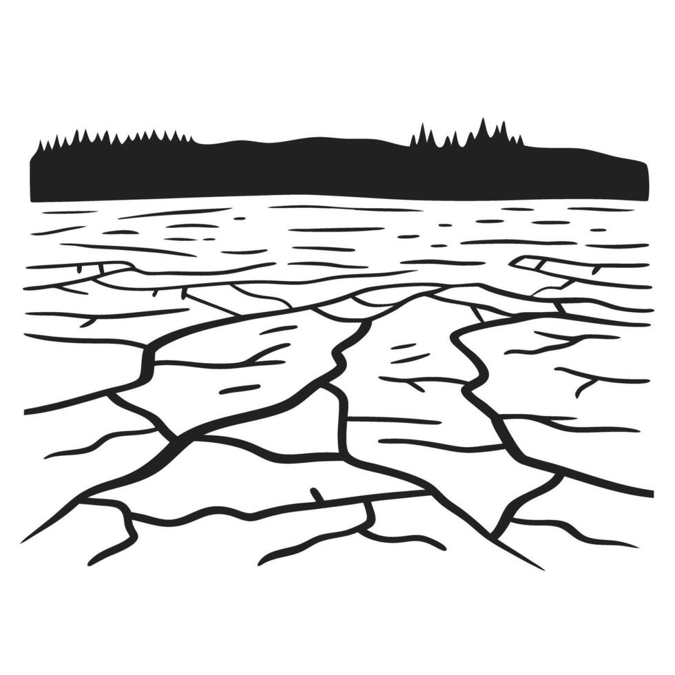 Cracked, dry earth landscape depicting drought effects black and white nature illustration, barren soil vector