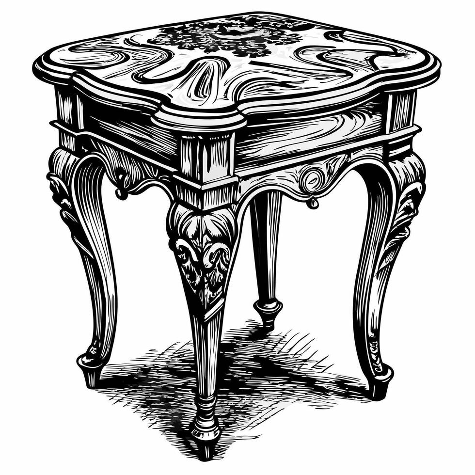 Vintage Ornate Wooden Table in Black and White Illustration with Intricate Carvings vector