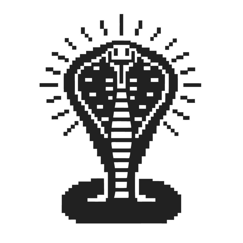 Pixel art cobra with hood expanded, black and white digital design, retro snake illustration vector