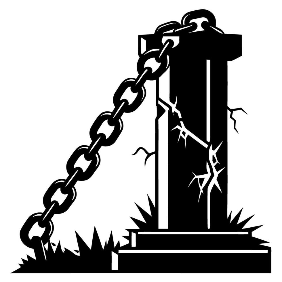 chained ancient tombstone with cracks black and white gravestone illustration, chain detail symbolism vector