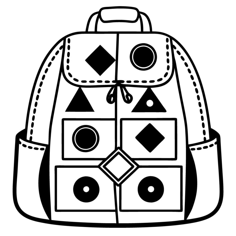 Abstract geometric symbol backpack illustration, black outline design with shapes vector
