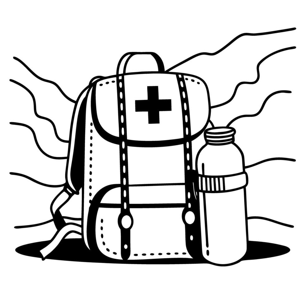 Emergency backpack and water bottle for survival preparedness vector