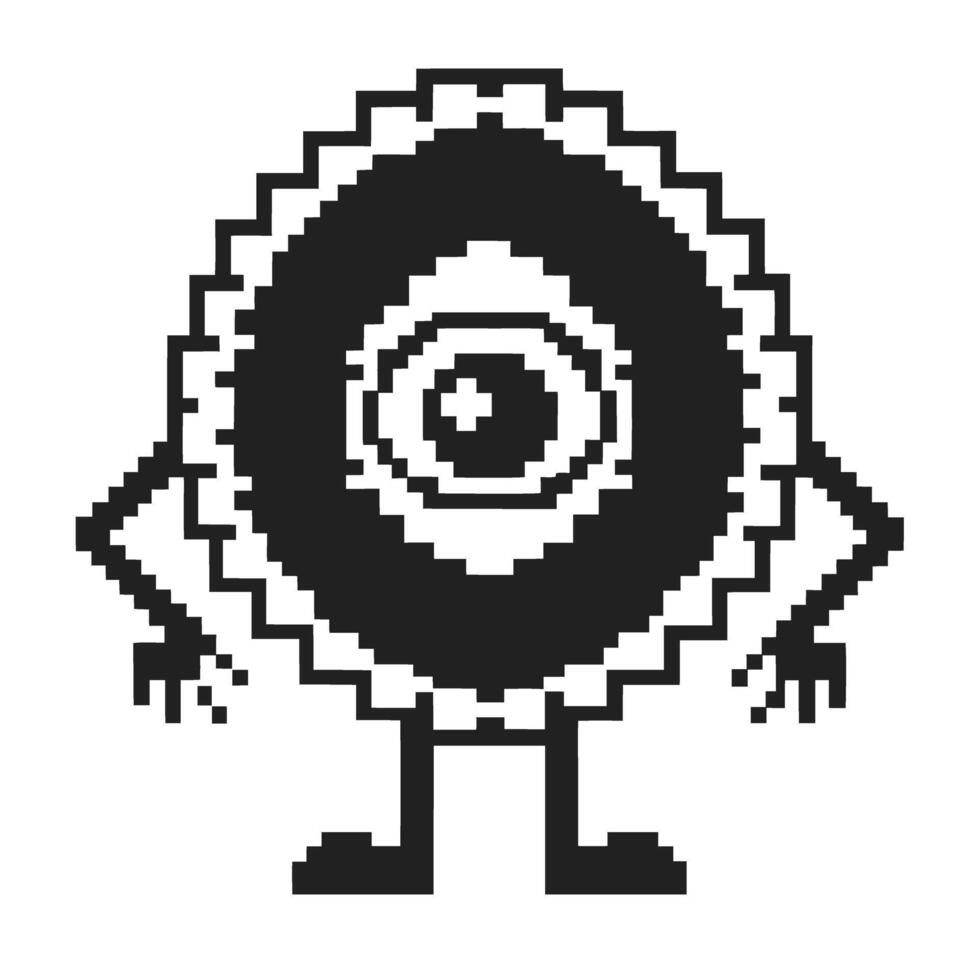 Pixelated cyclops monster with zigzag outline, quirky arms and legs, retro videogame character design vector