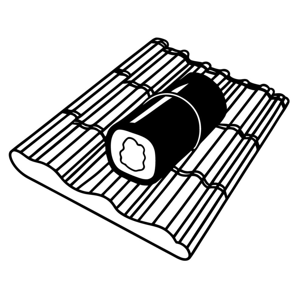 illustration of sushi roll on bamboo mat monochrome style, japanese cuisine, minimalistic food art, culinary decoration vector