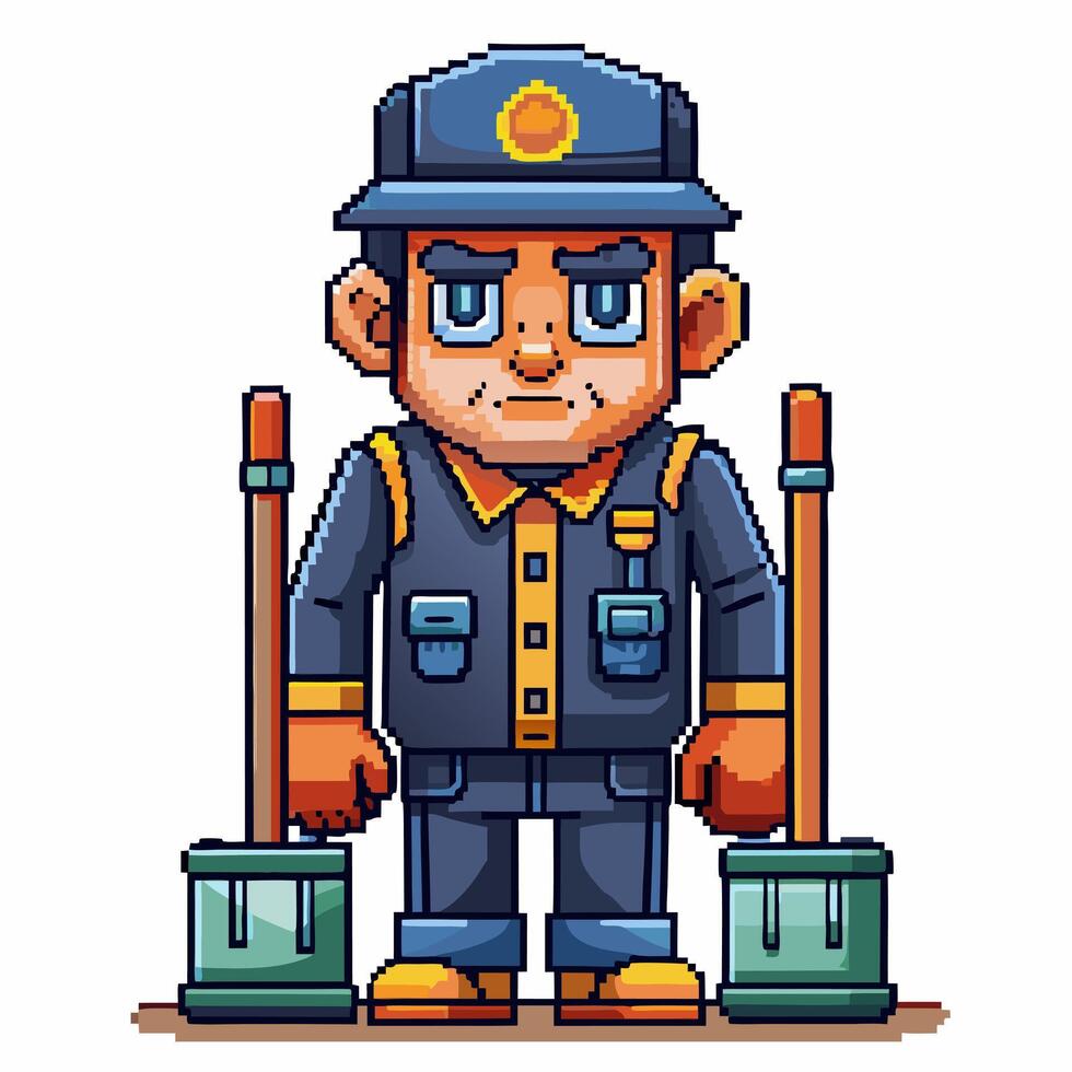 Pixel Art Janitor Character with Cleaning Tools in Uniform Illustration vector
