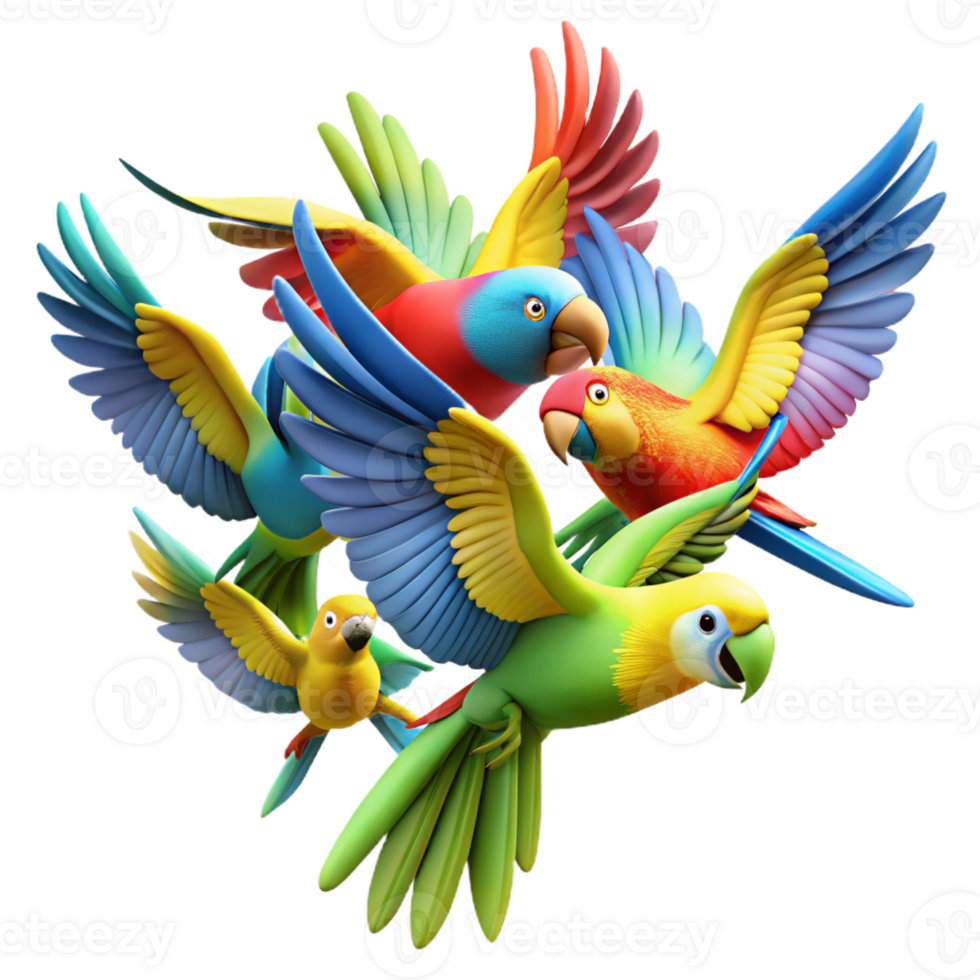 dramatic rustic A Flock of Colourful Parrots in Mid high quality png