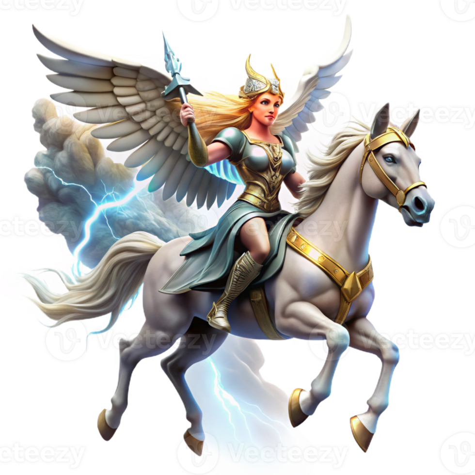 dramatic modern A Fierce Valkyrie Riding a Winged high resolution png