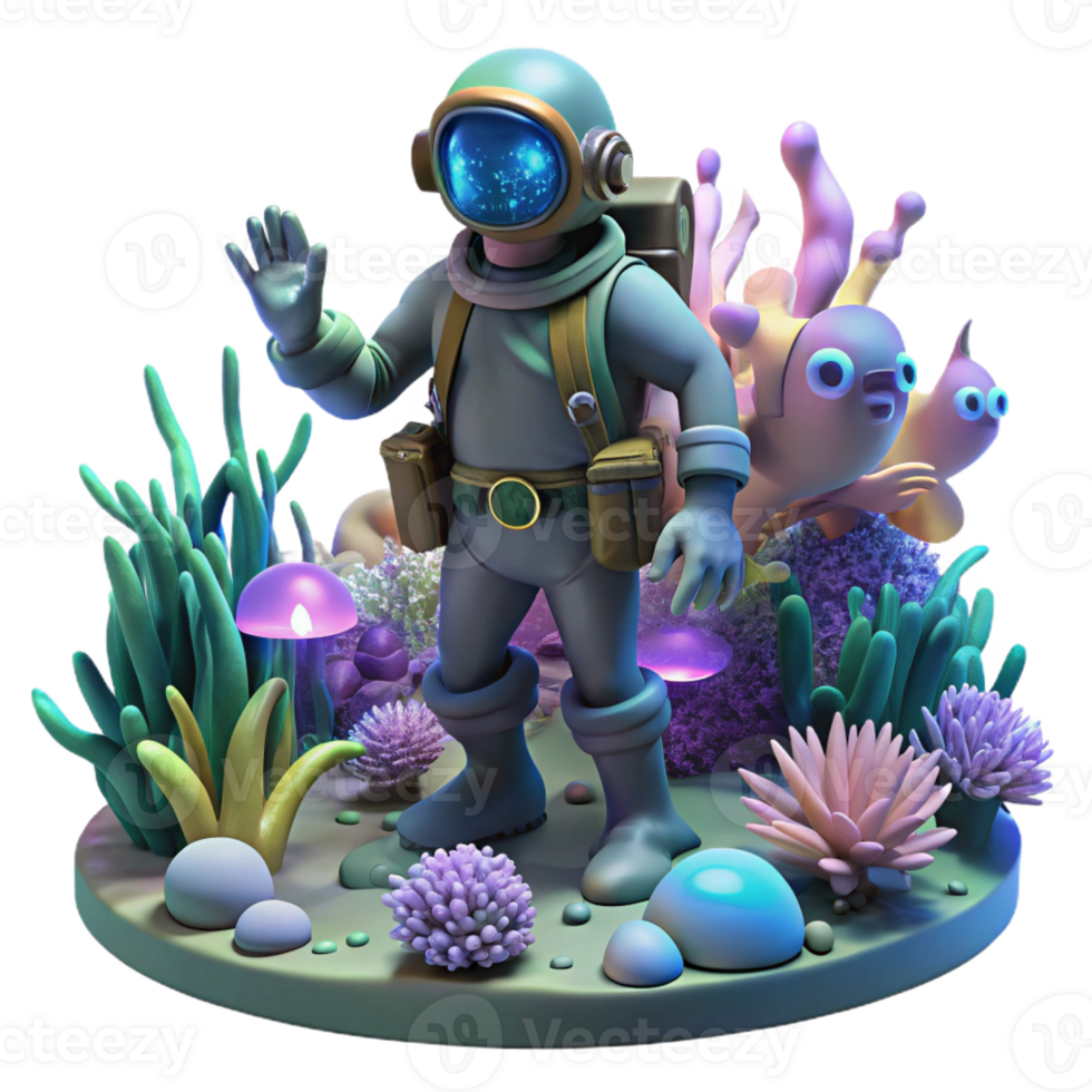 magnificent minimalist A Steampunk Diver Exploring a Coral Reef professional png