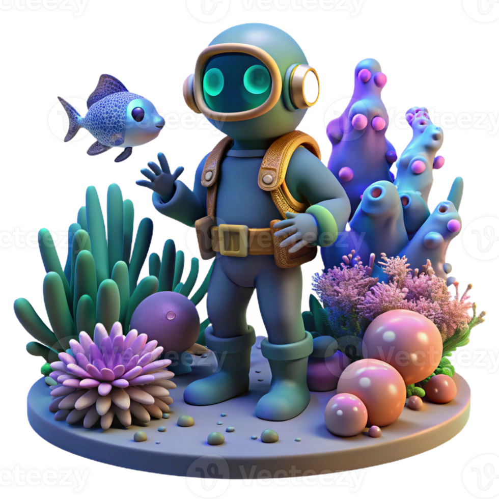 beautiful contemporary A Steampunk Diver Exploring a Coral Reef 4K png