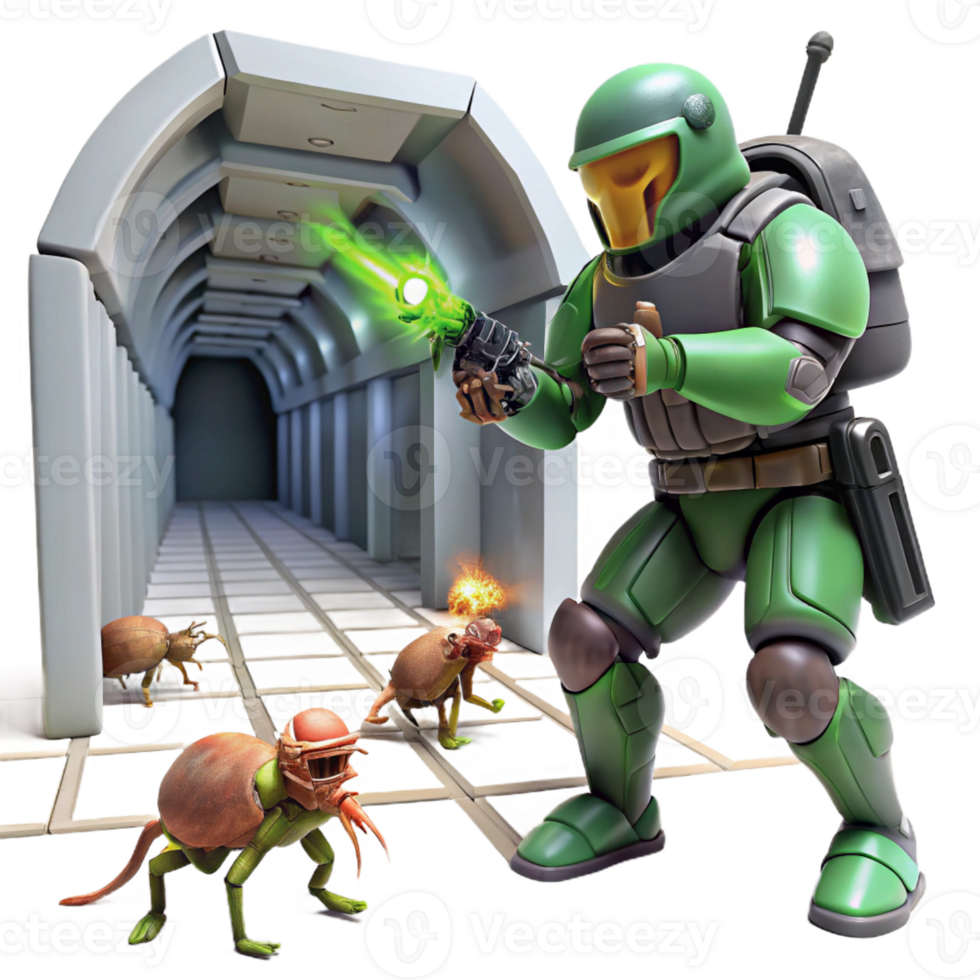serene vintage A Space Marine Fighting Alien Insects authentic png